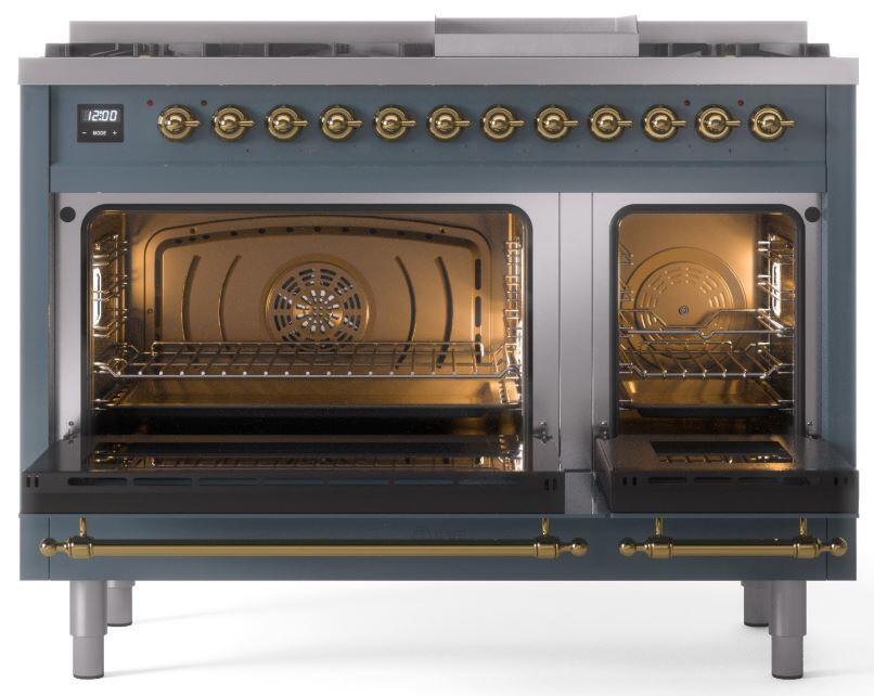 ILVE Nostalgie II 48-Inch Dual Fuel Freestanding Range in Blue Grey with Brass Trim (UP48FNMPBGGLP)