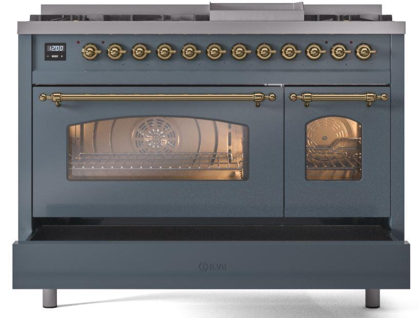 ILVE Nostalgie II 48-Inch Dual Fuel Freestanding Range in Blue Grey with Brass Trim (UP48FNMPBGGLP)