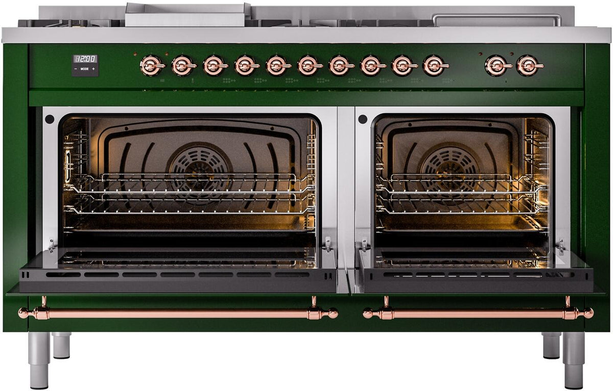 ILVE Nostalgie II 60-Inch Propane Gas Dual Fuel Range with 7 Burners, Griddle, & French Top with Triple Glass Door Oven in Emerald Green with Copper Trim (UP60FSNMPEGPLP)