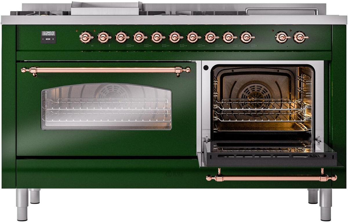 ILVE Nostalgie II 60-Inch Propane Gas Dual Fuel Range with 7 Burners, Griddle, & French Top with Triple Glass Door Oven in Emerald Green with Copper Trim (UP60FSNMPEGPLP)