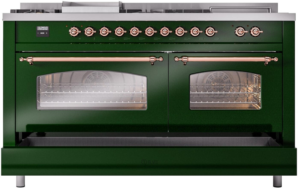 ILVE Nostalgie II 60-Inch Propane Gas Dual Fuel Range with 7 Burners, Griddle, & French Top with Triple Glass Door Oven in Emerald Green with Copper Trim (UP60FSNMPEGPLP)