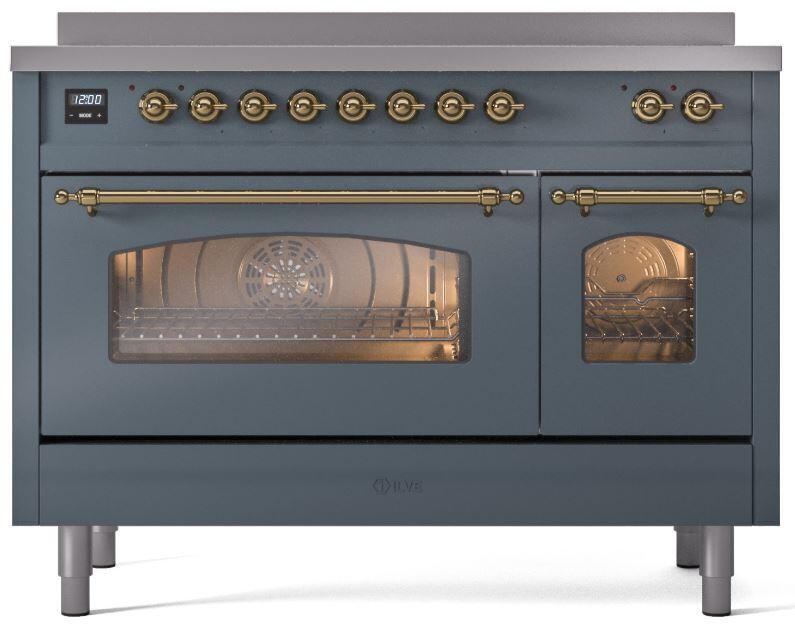 ILVE Nostalgie II 48-Inch Freestanding Electric Induction Range, Blue Grey with Brass Trim (UPI486NMPBGG)