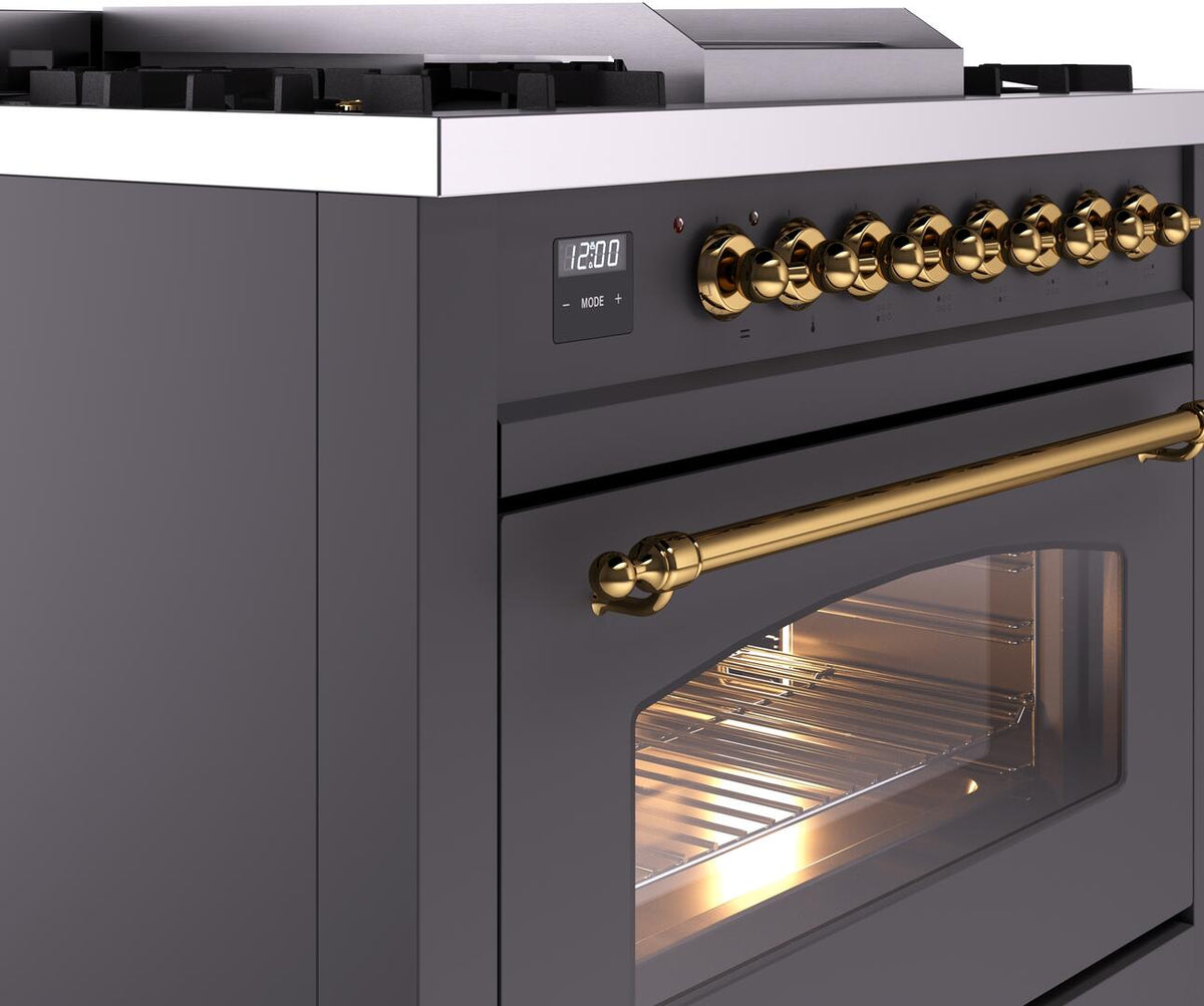 ILVE Nostalgie II 36-Inch Dual Fuel Freestanding Range in Matte Graphite with Brass Trim (UP36FNMPMGGLP)