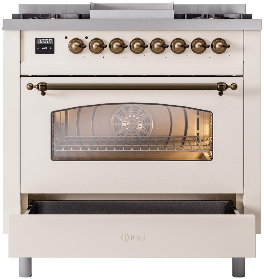 ILVE Nostalgie II 36-Inch Freestanding Natural Gas Dual Fuel Range in Antique White with Burnished Bronze Trim (UP36FNMPAWB)