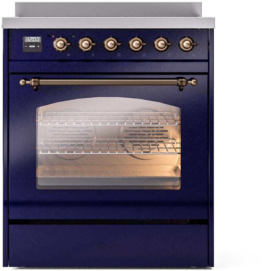 ILVE Nostalgie II 30-Inch Electric Induction Range, Freestanding, Midnight Blue with Burnished Bronze Trim (UPI304NMPMBB)