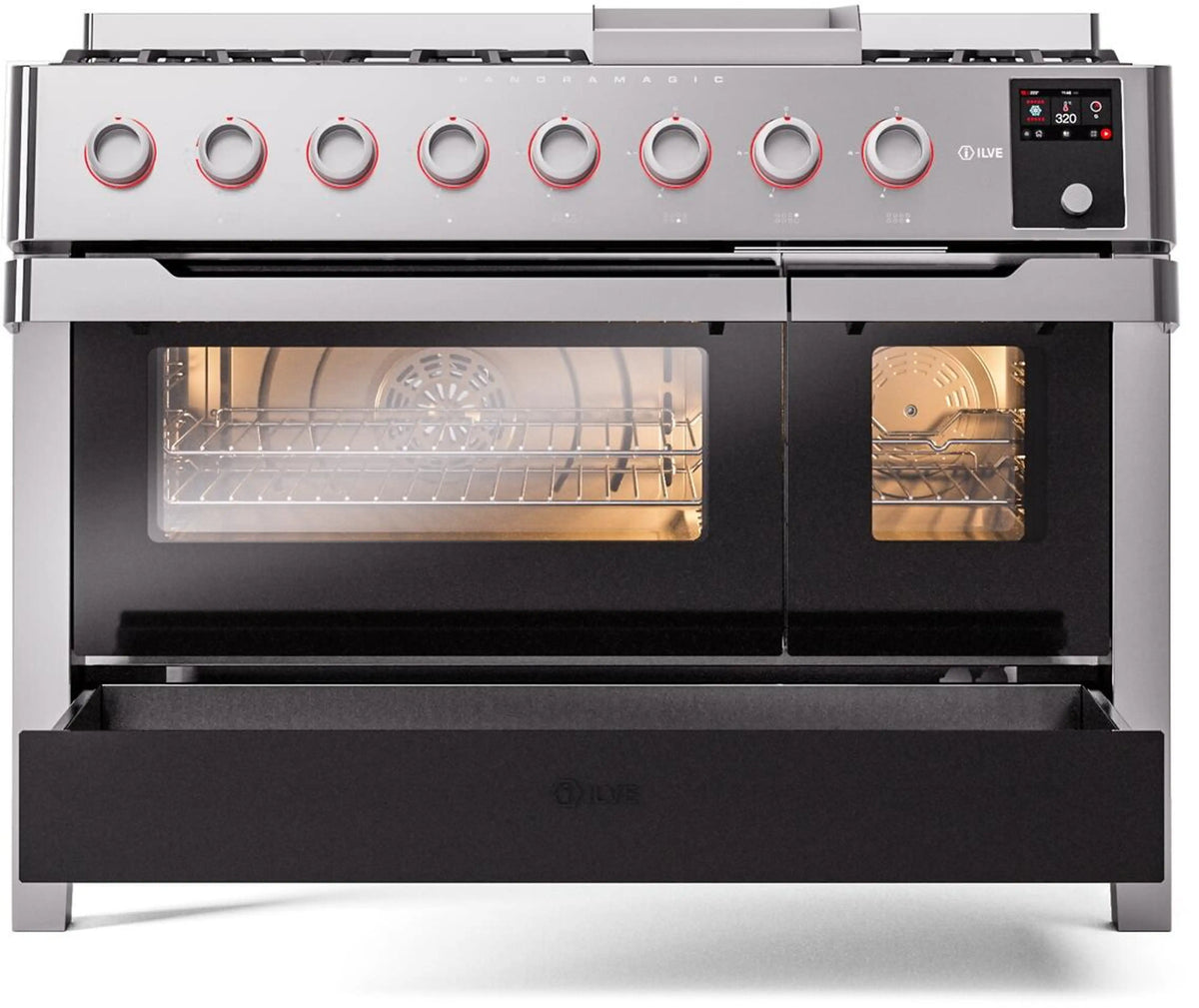ILVE Panoramagic 48-Inch Freestanding Natural Gas Dual Fuel Range in Stainless Steel (UPM12FDS3SS)