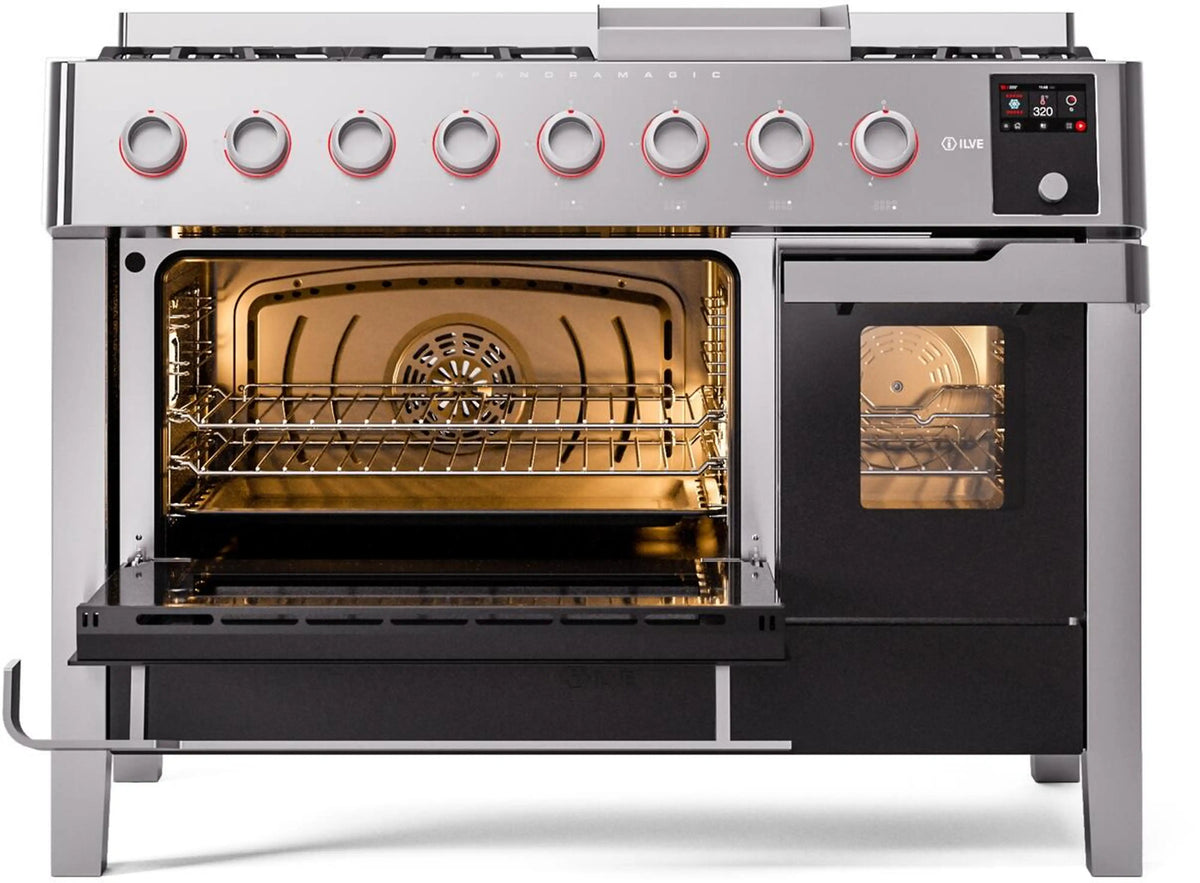 ILVE Panoramagic 48-Inch Freestanding Propane Gas Dual Fuel Range in Stainless Steel (UPM12FDS3SSLP)