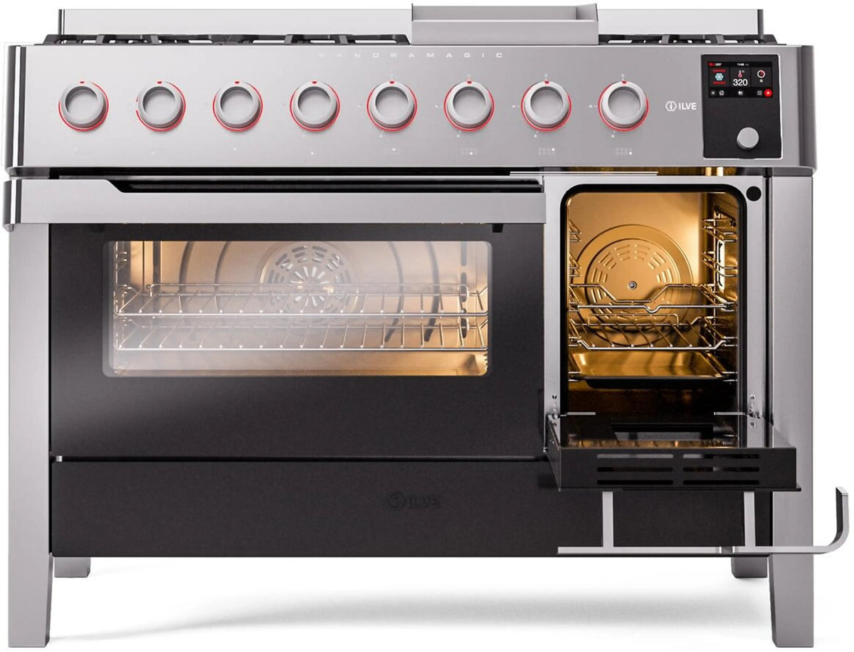 ILVE Panoramagic 48-Inch Freestanding Propane Gas Dual Fuel Range in Stainless Steel (UPM12FDS3SSLP)