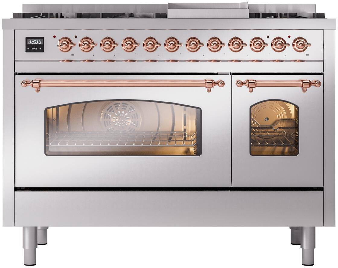 ILVE Nostalgie II 48-Inch Dual Fuel Freestanding Range in Stainless Steel with Copper Trim (UP48FNMPSSPLP)