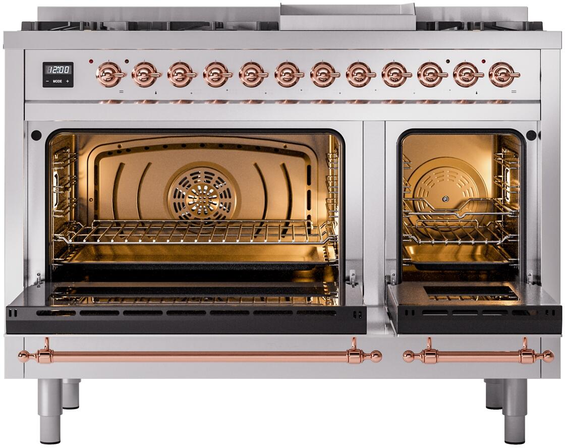 ILVE Nostalgie II 48-Inch Dual Fuel Freestanding Range in Stainless Steel with Copper Trim (UP48FNMPSSPLP)