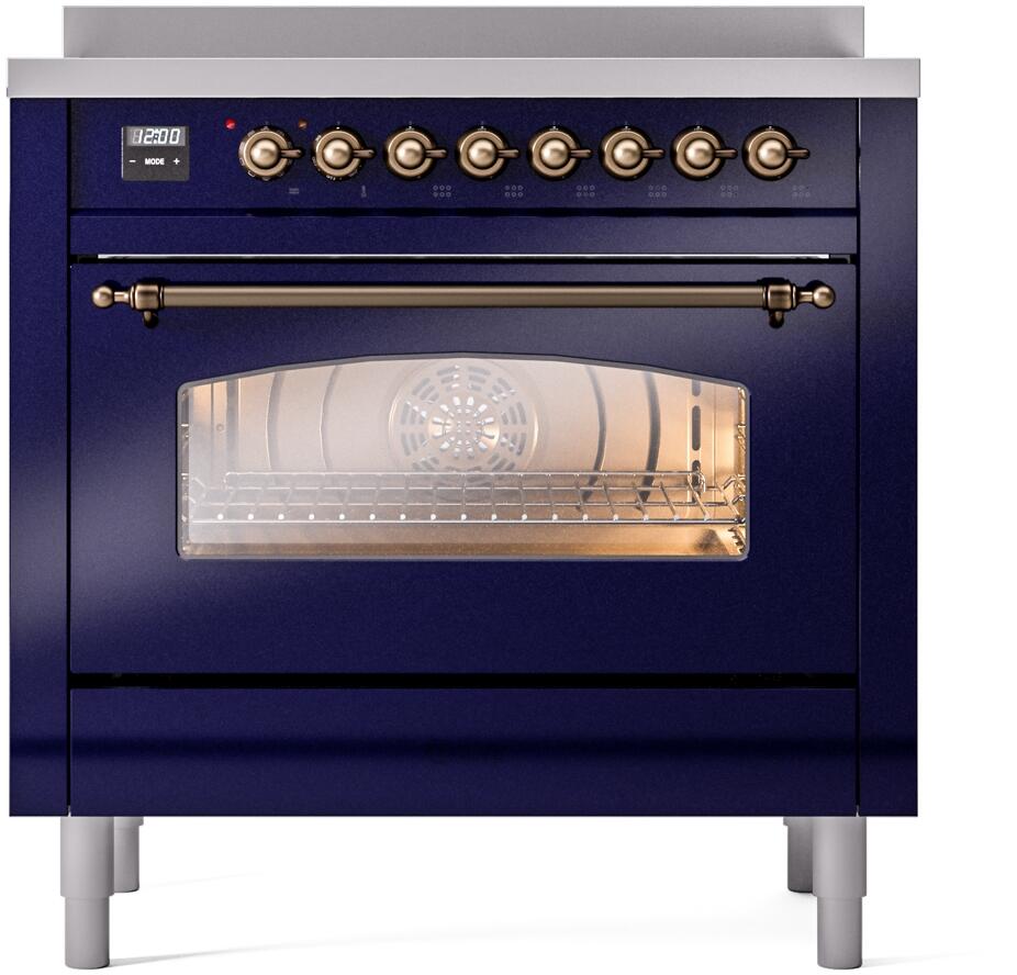 ILVE Nostalgie II 36-Inch Freestanding Electric Induction Range in Midnight Blue with Burnished Bronze Trim (UPI366NMPMBB)