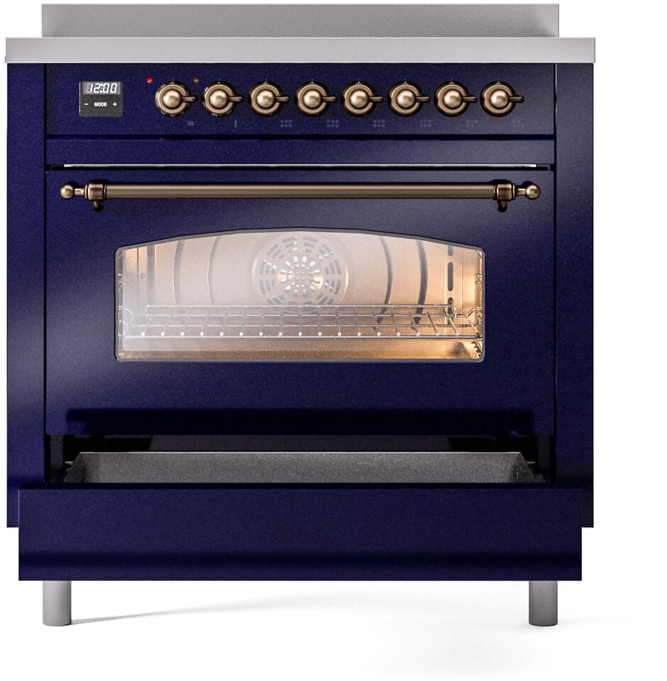 ILVE Nostalgie II 36-Inch Freestanding Electric Induction Range in Midnight Blue with Burnished Bronze Trim (UPI366NMPMBB)