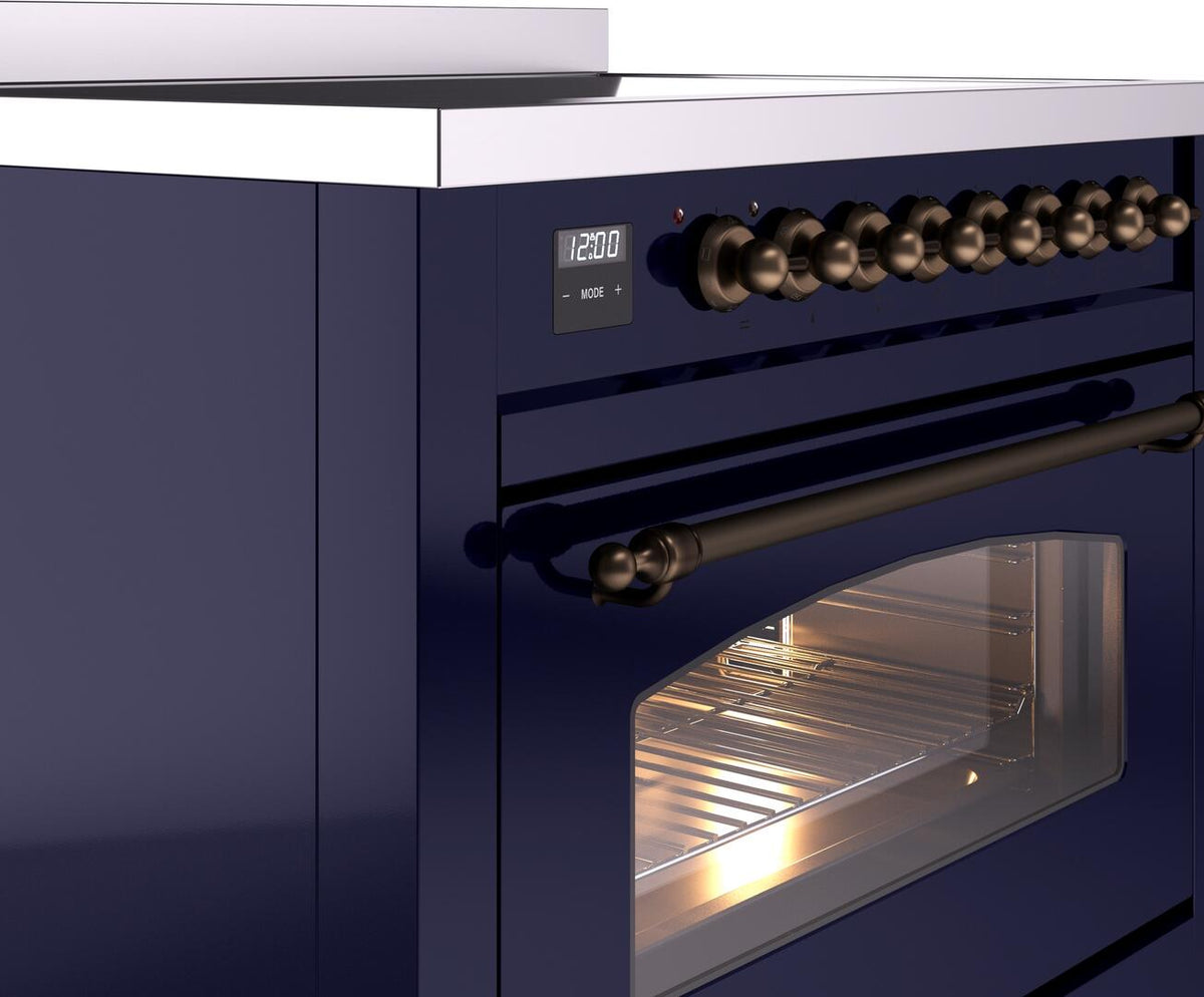 ILVE Nostalgie II 36-Inch Freestanding Electric Induction Range in Midnight Blue with Burnished Bronze Trim (UPI366NMPMBB)