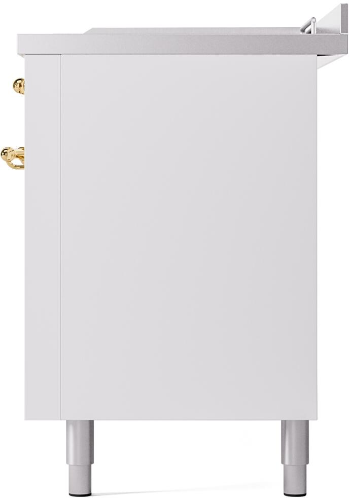 ILVE Nostalgie II 60-Inch Natural Gas Dual Fuel Range with 7 Burners, Griddle, & French Top with Triple Glass Door Oven in White with Brass Trim (UP60FSNMPWHG)