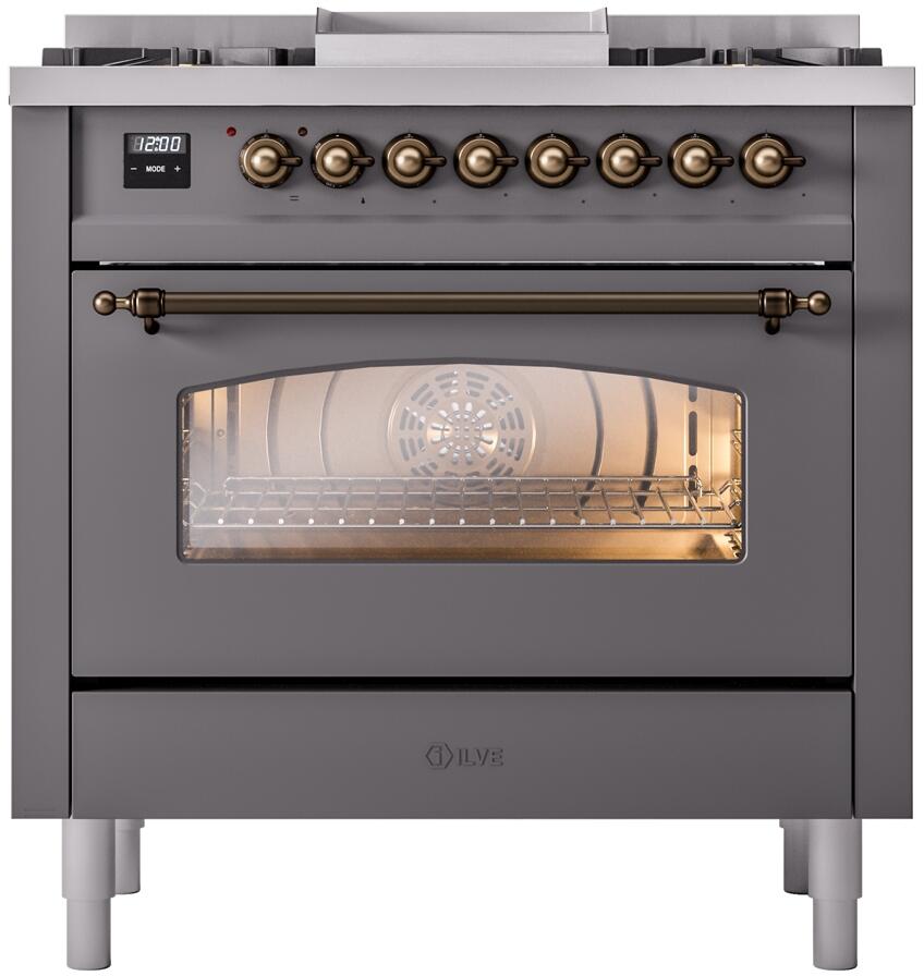 ILVE Nostalgie II 36-Inch Freestanding Dual Fuel Range, Matte Graphite with Burnished Bronze Trim (UP36FNMPMGBLP)