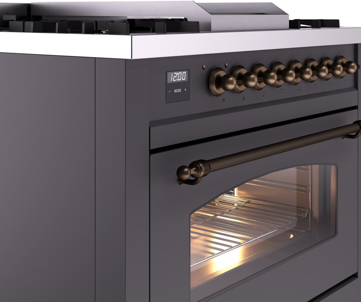 ILVE Nostalgie II 36-Inch Freestanding Natural Gas Dual Fuel Range in Matte Graphite with Burnished Bronze Trim (UP36FNMPMGB)