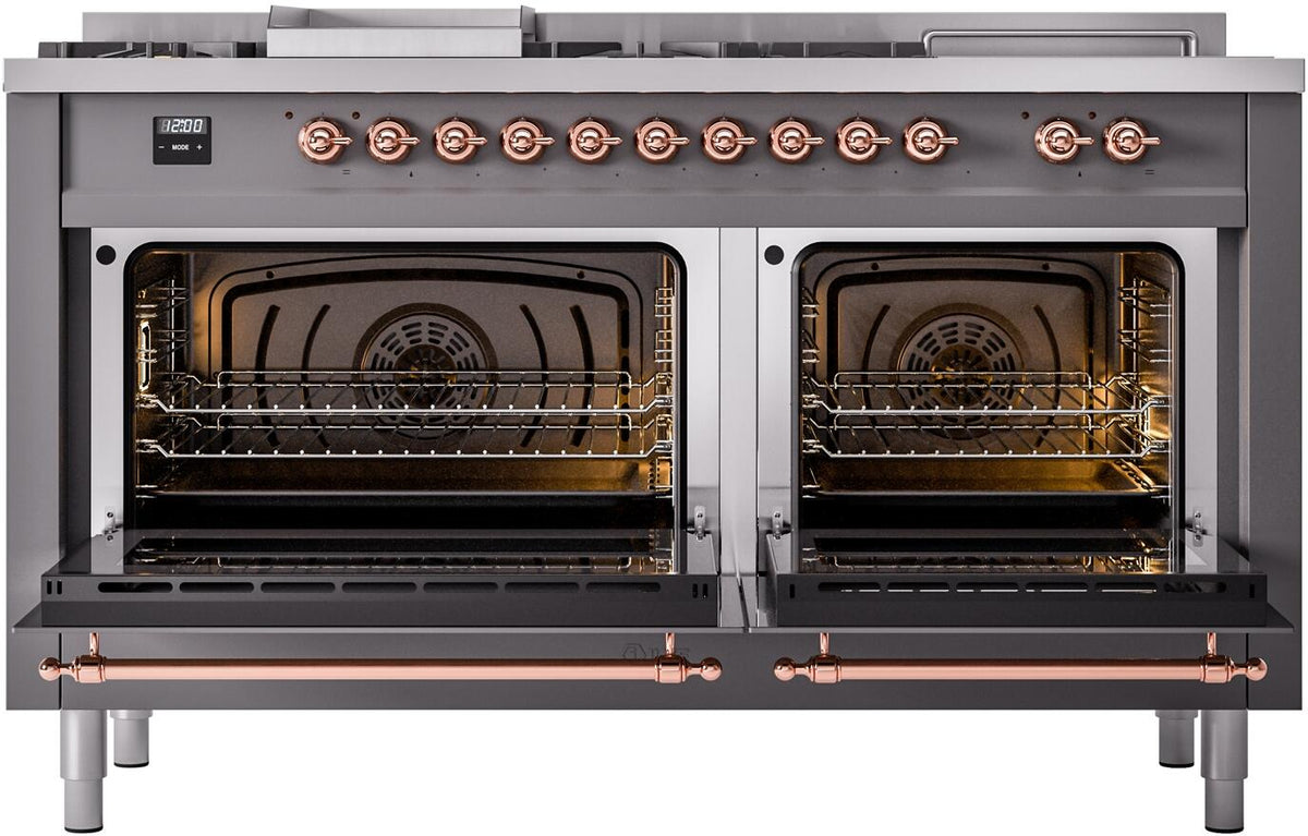 ILVE Nostalgie II 60-Inch Propane Gas Dual Fuel Range with 7 Burners, Griddle, & French Top with Triple Glass Door Oven in Matte Graphite with Copper Trim (UP60FSNMPMGPLP)