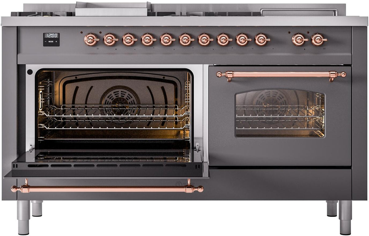ILVE Nostalgie II 60-Inch Propane Gas Dual Fuel Range with 7 Burners, Griddle, & French Top with Triple Glass Door Oven in Matte Graphite with Copper Trim (UP60FSNMPMGPLP)
