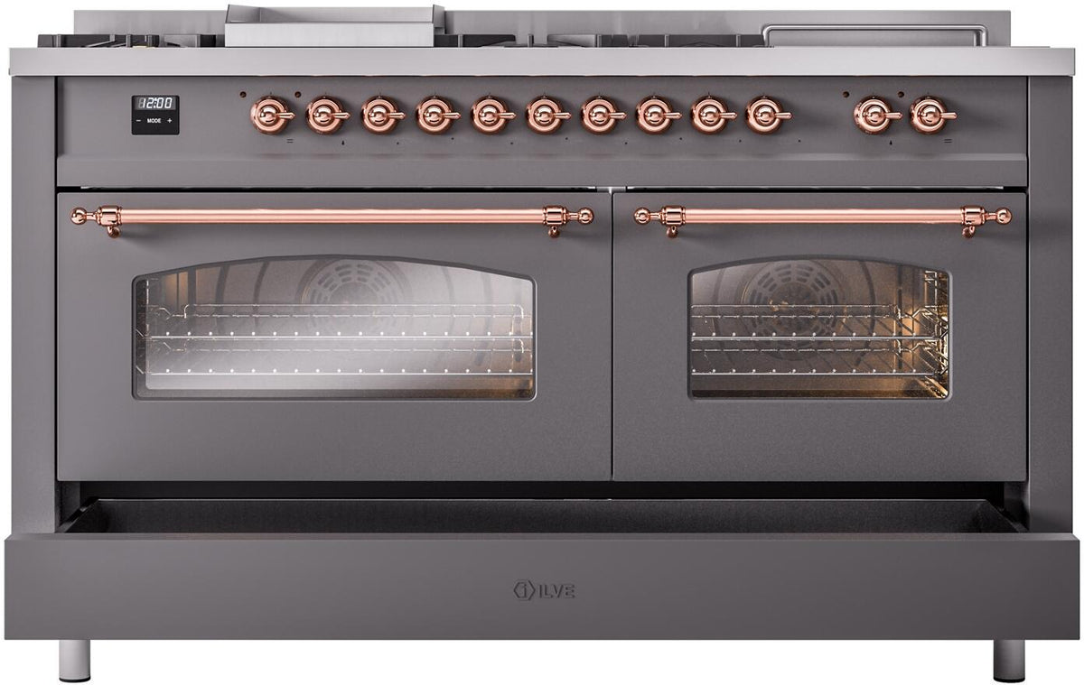 ILVE Nostalgie II 60-Inch Propane Gas Dual Fuel Range with 7 Burners, Griddle, & French Top with Triple Glass Door Oven in Matte Graphite with Copper Trim (UP60FSNMPMGPLP)