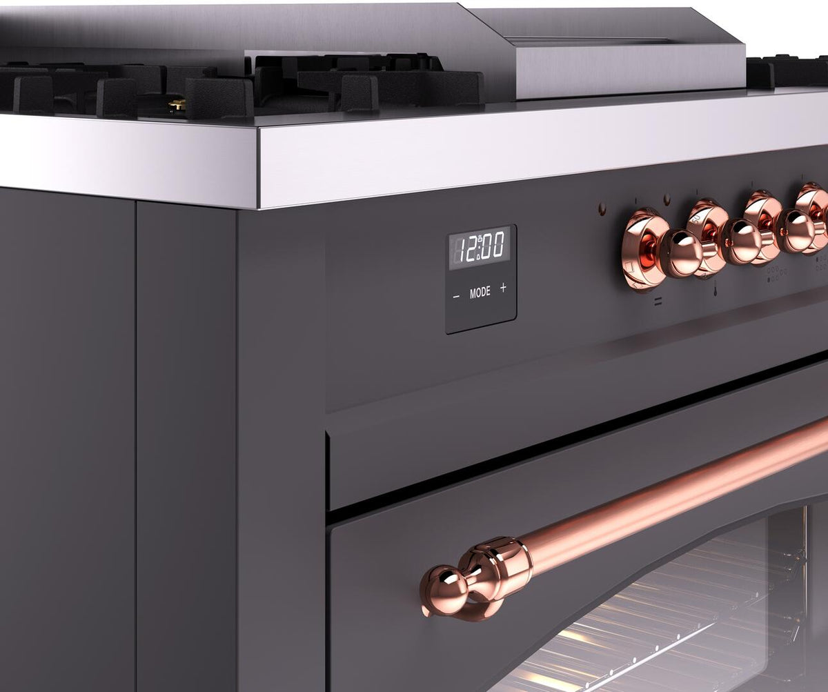 ILVE Nostalgie II 60-Inch Propane Gas Dual Fuel Range with 7 Burners, Griddle, & French Top with Triple Glass Door Oven in Matte Graphite with Copper Trim (UP60FSNMPMGPLP)