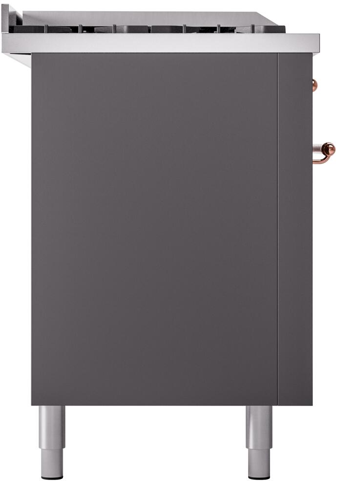 ILVE Nostalgie II 60-Inch Propane Gas Dual Fuel Range with 7 Burners, Griddle, & French Top with Triple Glass Door Oven in Matte Graphite with Copper Trim (UP60FSNMPMGPLP)