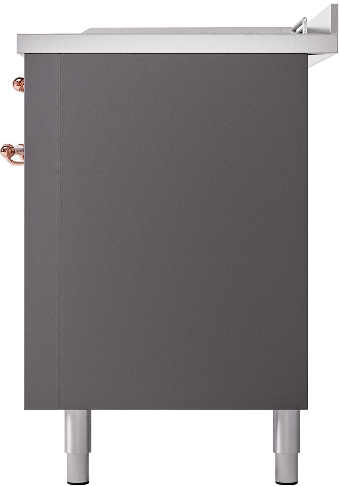ILVE Nostalgie II 60-Inch Natural Gas Dual Fuel Range with 7 Burners, Griddle, & French Top with Triple Glass Door Oven in Matte Graphite with Copper Trim (UP60FSNMPMGP)