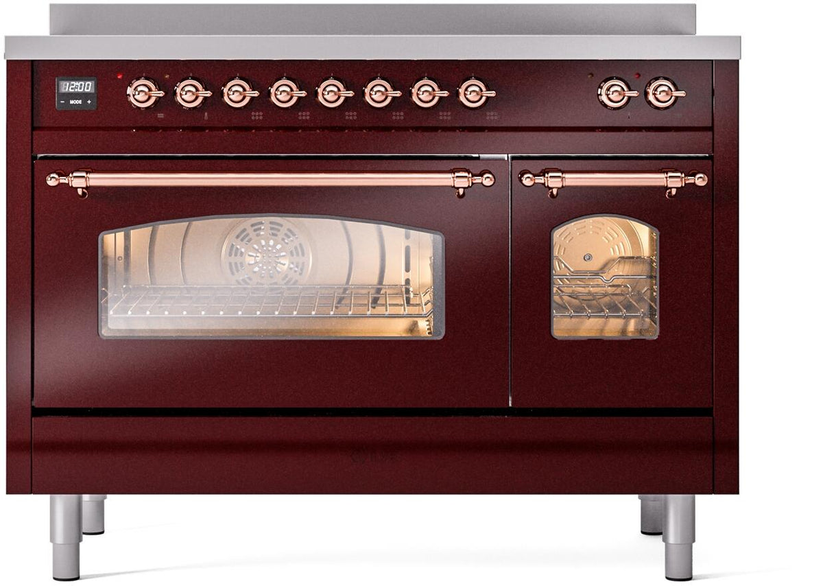ILVE Nostalgie II 48-Inch Freestanding Electric Induction Range, Burgundy with Copper Trim (UPI486NMPBUP)