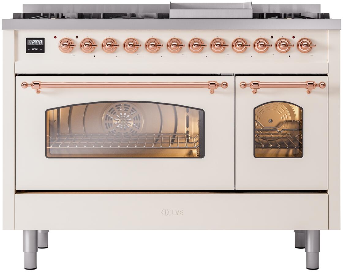 ILVE Nostalgie II 48-Inch Freestanding Dual Fuel Range, Antique White with Copper Trim (UP48FNMPAWPLP)