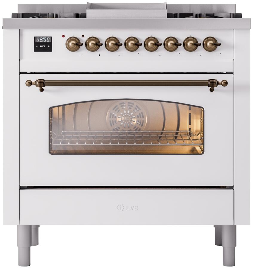 ILVE Nostalgie II 36-Inch Dual Fuel Freestanding Range in White with Burnished Bronze Trim (UP36FNMPWHBLP)