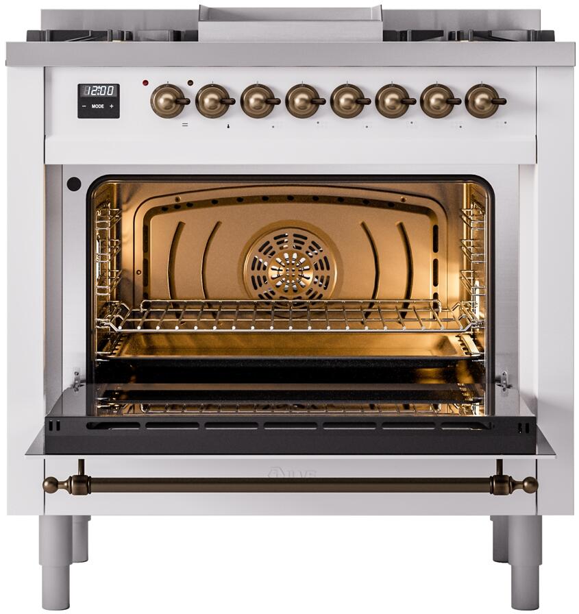 ILVE Nostalgie II 36-Inch Freestanding Natural Gas Dual Fuel Range in White with Burnished Bronze Trim (UP36FNMPWHB)
