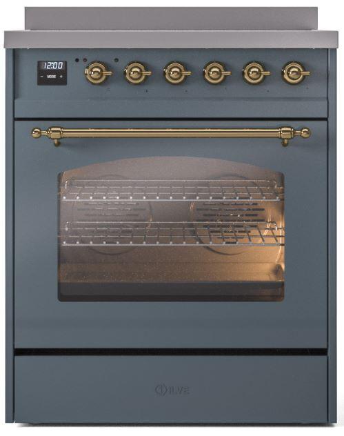 ILVE Nostalgie II 30-Inch Electric Induction Range, Freestanding, Blue Grey with Brass Trim (UPI304NMPBGG)