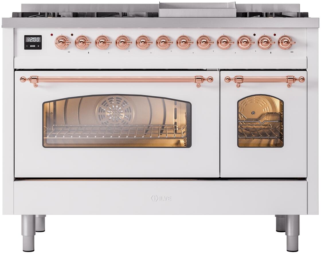 ILVE Nostalgie II 48-Inch Dual Fuel Freestanding Range in White with Copper Trim (UP48FNMPWHPLP)