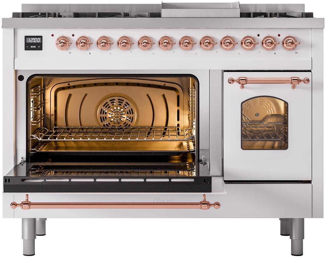 ILVE Nostalgie II 48-Inch Dual Fuel Freestanding Range in White with Copper Trim (UP48FNMPWHPLP)