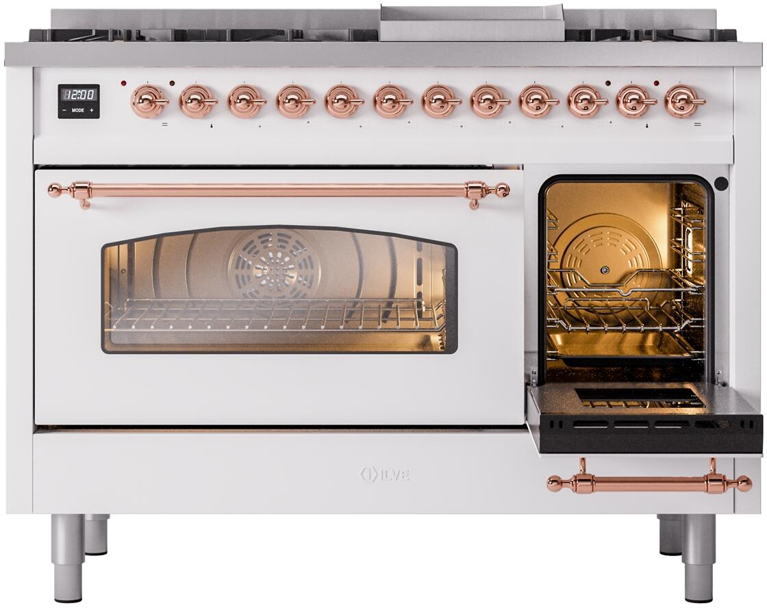 ILVE Nostalgie II 48-Inch Dual Fuel Freestanding Range in White with Copper Trim (UP48FNMPWHPLP)