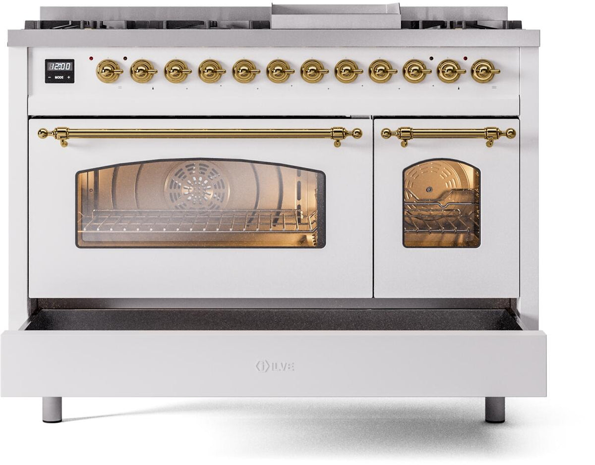 ILVE Nostalgie II 48-Inch Freestanding Natural Gas Dual Fuel Range in White with Brass Trim (UP48FNMPWHG)