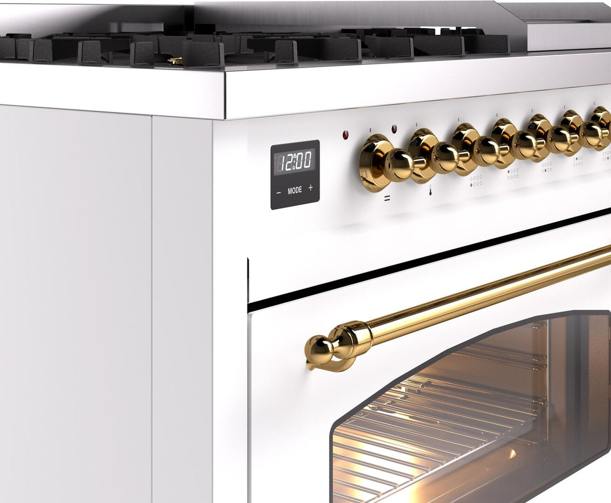 ILVE Nostalgie II 48-Inch Freestanding Natural Gas Dual Fuel Range in White with Brass Trim (UP48FNMPWHG)