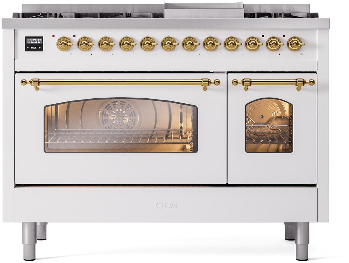 ILVE Nostalgie II 48-Inch Freestanding Dual Fuel Range, White with Brass Trim (UP48FNMPWHGLP)