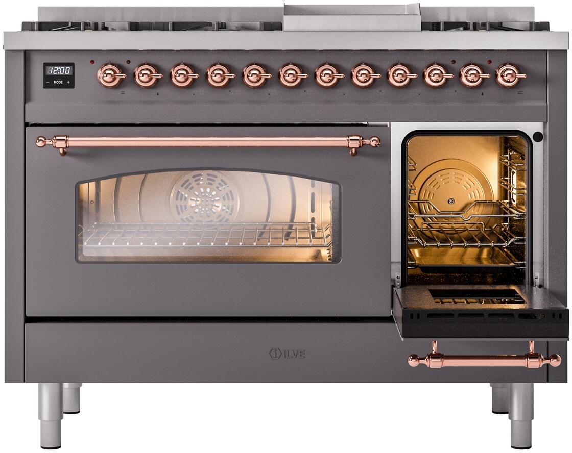 ILVE Nostalgie II 48-Inch Dual Fuel Freestanding Range in Matte Graphite with Copper Trim (UP48FNMPMGPLP)