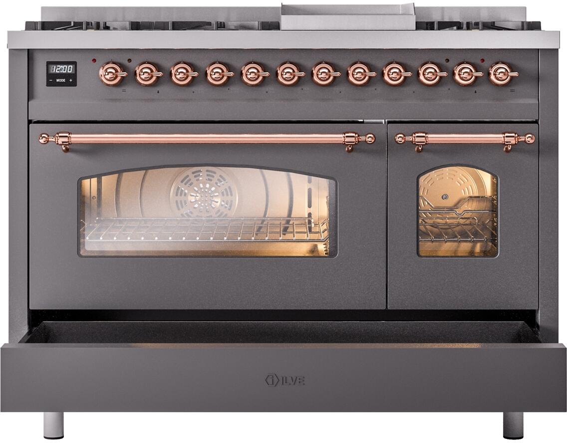 ILVE Nostalgie II 48-Inch Dual Fuel Freestanding Range in Matte Graphite with Copper Trim (UP48FNMPMGPLP)
