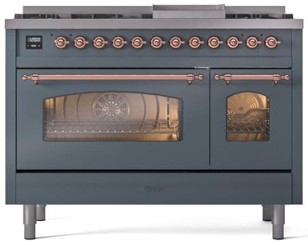 ILVE Nostalgie II 48-Inch Dual Fuel Freestanding Range in Blue Grey with Copper Trim (UP48FNMPBGPLP)
