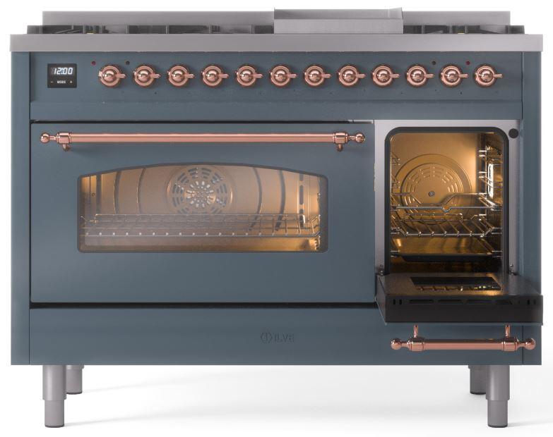 ILVE Nostalgie II 48-Inch Dual Fuel Freestanding Range in Blue Grey with Copper Trim (UP48FNMPBGPLP)