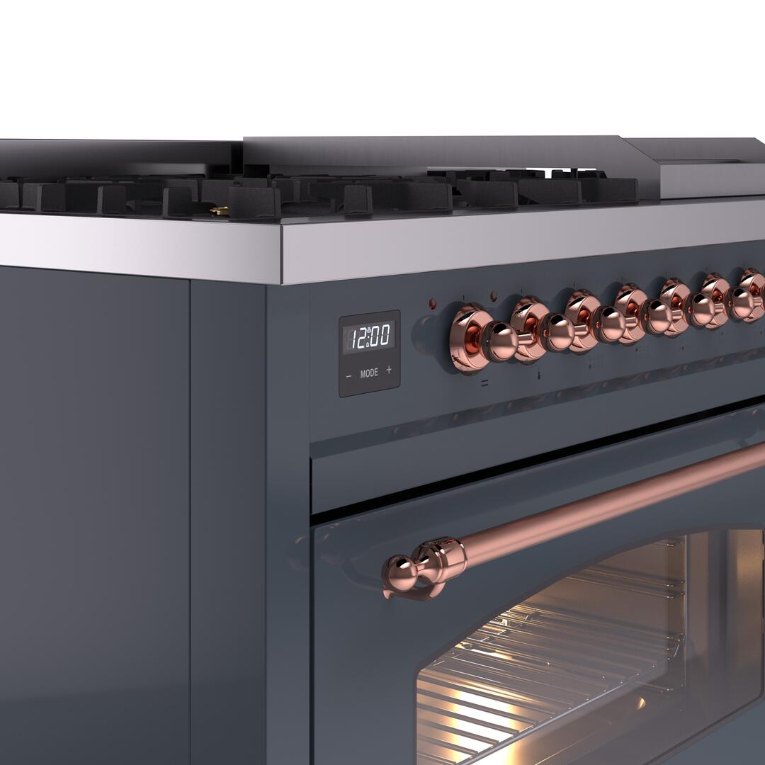 ILVE Nostalgie II 48-Inch Dual Fuel Freestanding Range in Blue Grey with Copper Trim (UP48FNMPBGPLP)