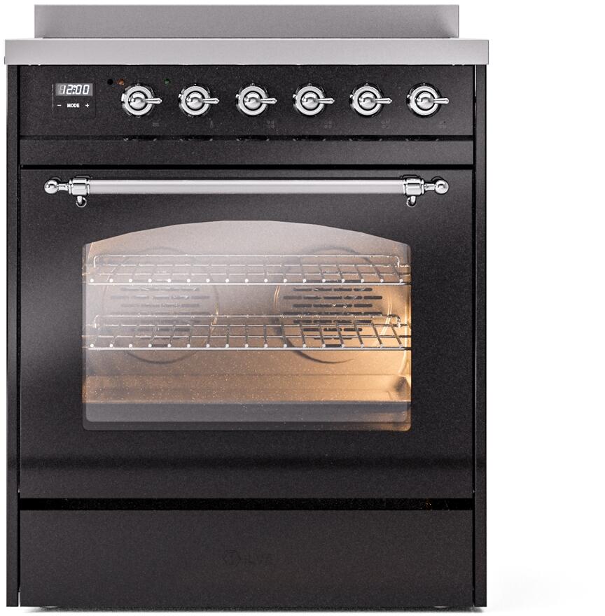 ILVE Nostalgie II 30-Inch Electric Induction Range, Freestanding, Glossy Black with Chrome Trim (UPI304NMPBKC)