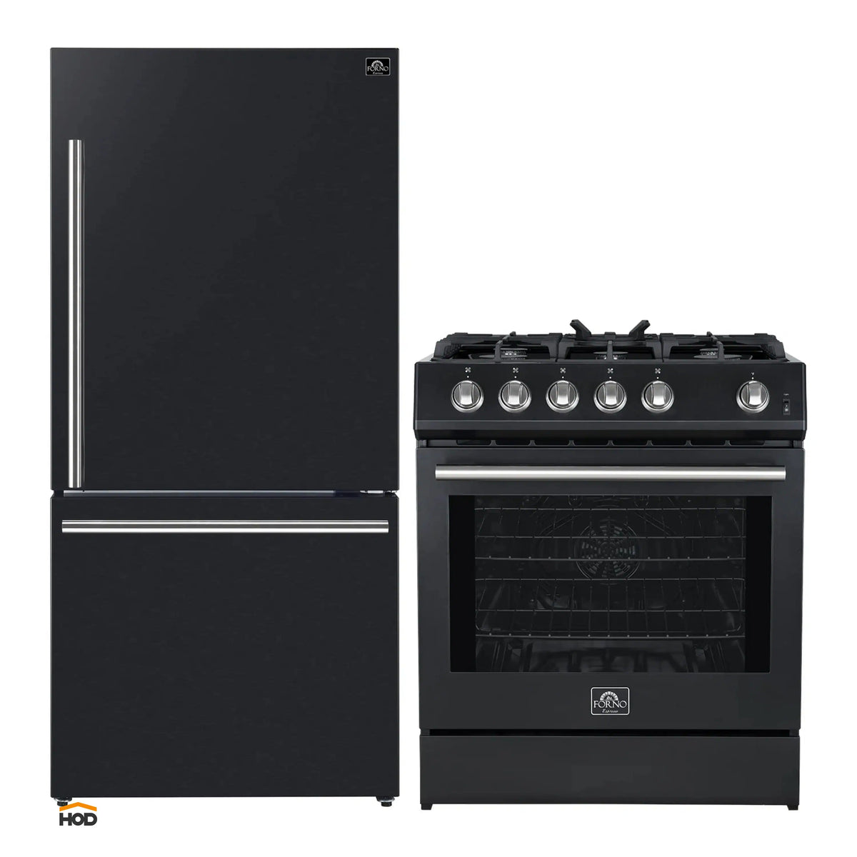 Forno 2-Piece Appliance Package - 30-Inch Gas Range & Refrigerator in Black with Stainless Steel Trim