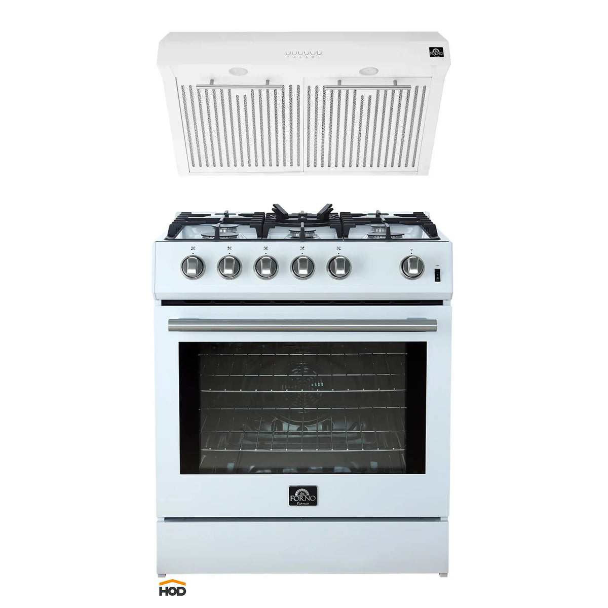 Forno 2-Piece Appliance Package - 30-Inch Gas Range & Under Cabinet Range Hood in White with Stainless Steel Trim