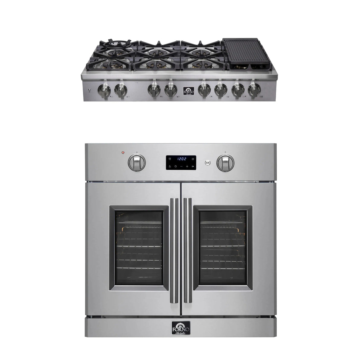 Forno 2-Piece Appliance Package - 48-Inch Spezia Gas Rangetop & French Door Wall Oven in Stainless Steel