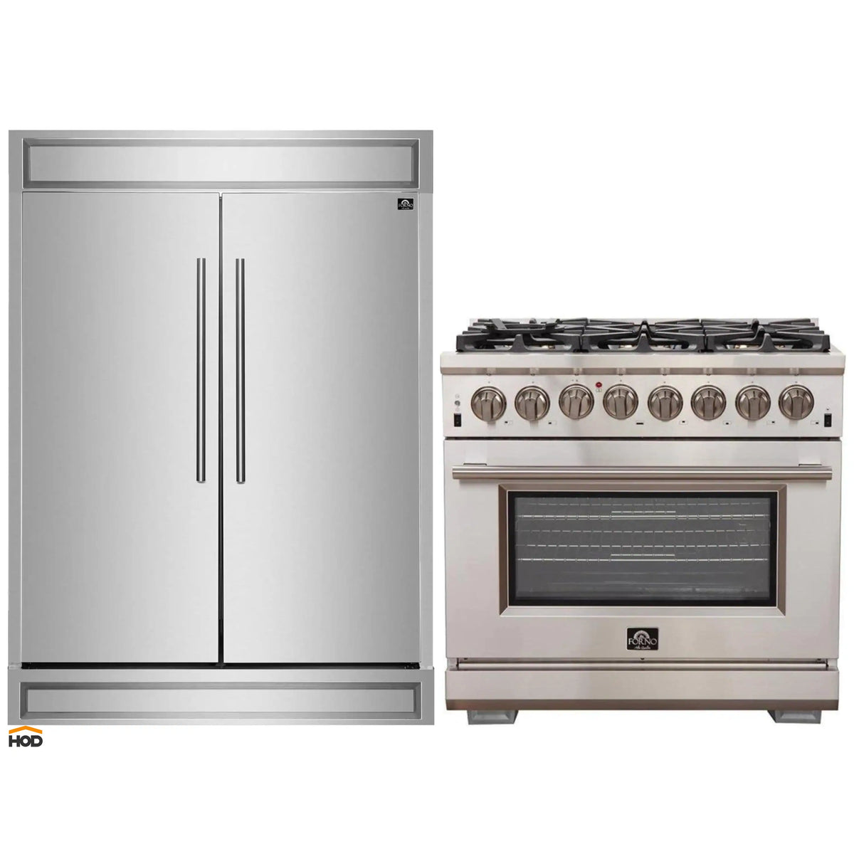 Forno 2-Piece Appliance Package - 36-Inch Dual Fuel Range and 60-Inch Built-In Refrigerator in Stainless Steel