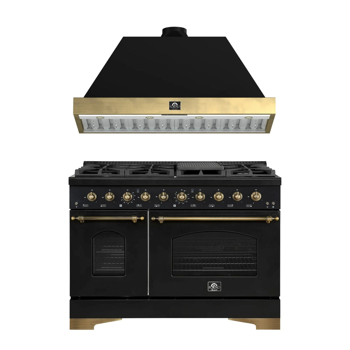Forno Antico 2-Piece Appliance Package - 48-Inch Gas Range & 48-Inch Wall Mount Range Hood in Black with Antique Brass Trim