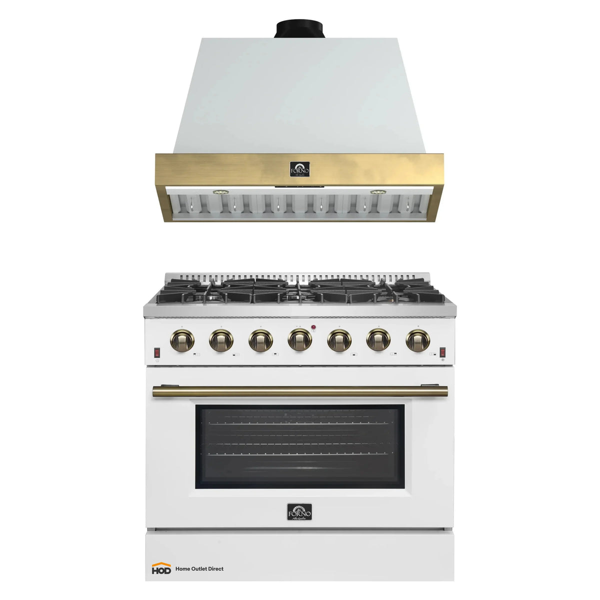 Forno Galiano 2-Piece Appliance Package - 36-Inch Gas Range & 36-Inch Wall Mount Range Hood in White with Antique Brass Trim