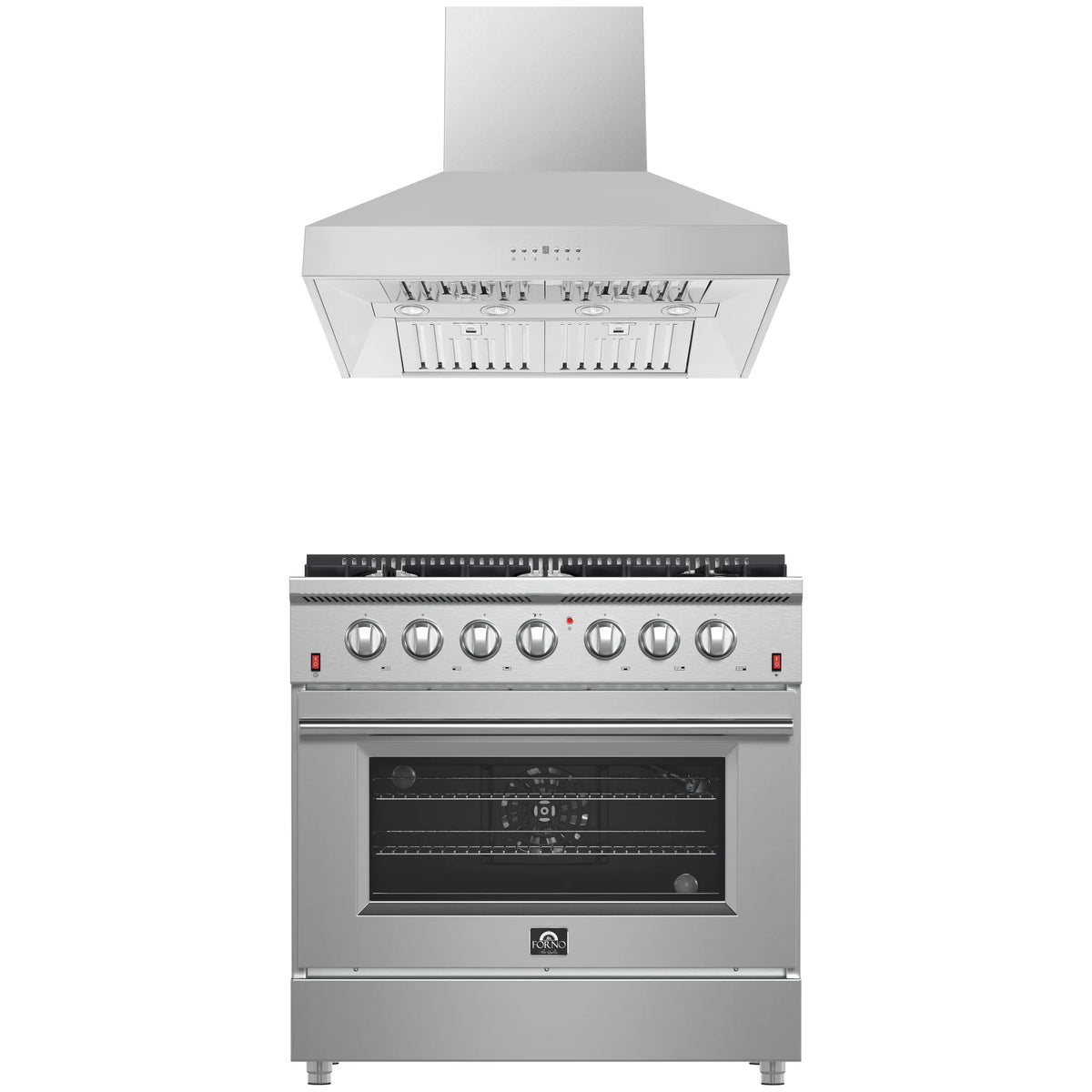 Forno 2-Piece Appliance Package - 36-Inch Gas Range & Wall Mount Hood in Stainless Steel